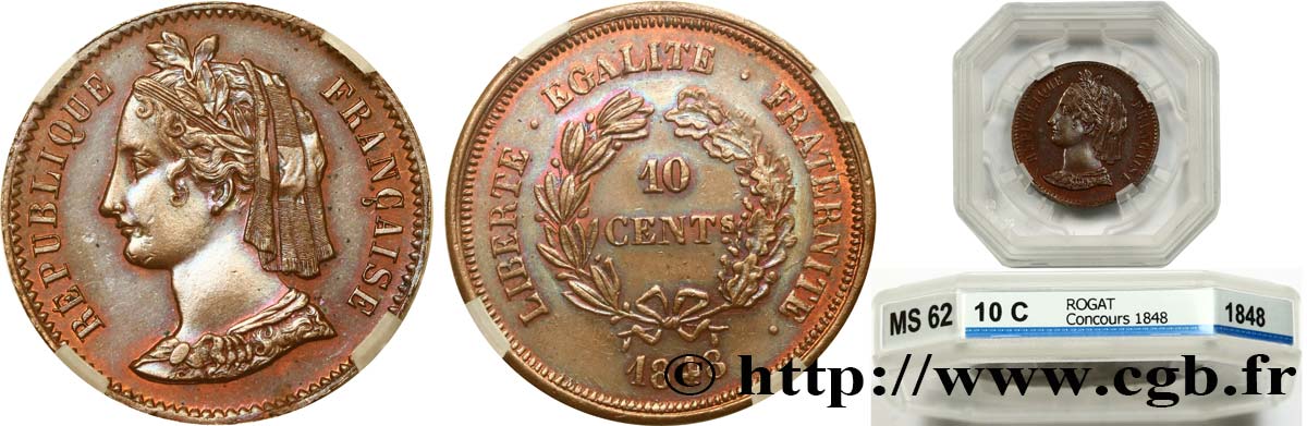 Concours de 10 centimes, essai en cuivre par Rogat, troisième concours, troisième revers 1848 Paris VG.3188  MS62 GENI