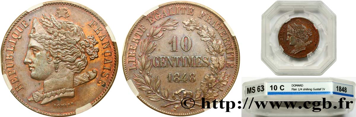 Concours de 10 centimes, essai en cuivre par Domard, second avers, premier revers 1848 Paris VG.3138  MS63 GENI