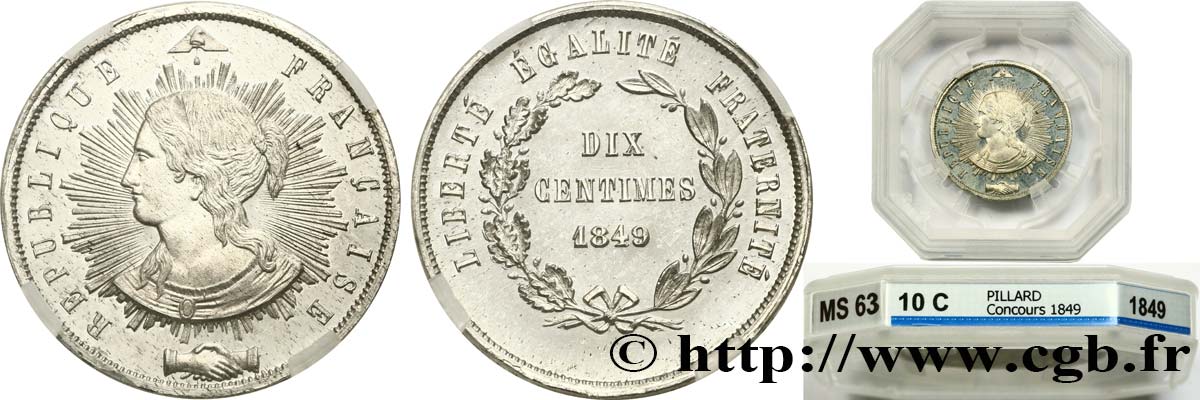 Concours de 10 centimes, essai en étain par Pillard 1849 Paris VG.3185 var. MS63 
