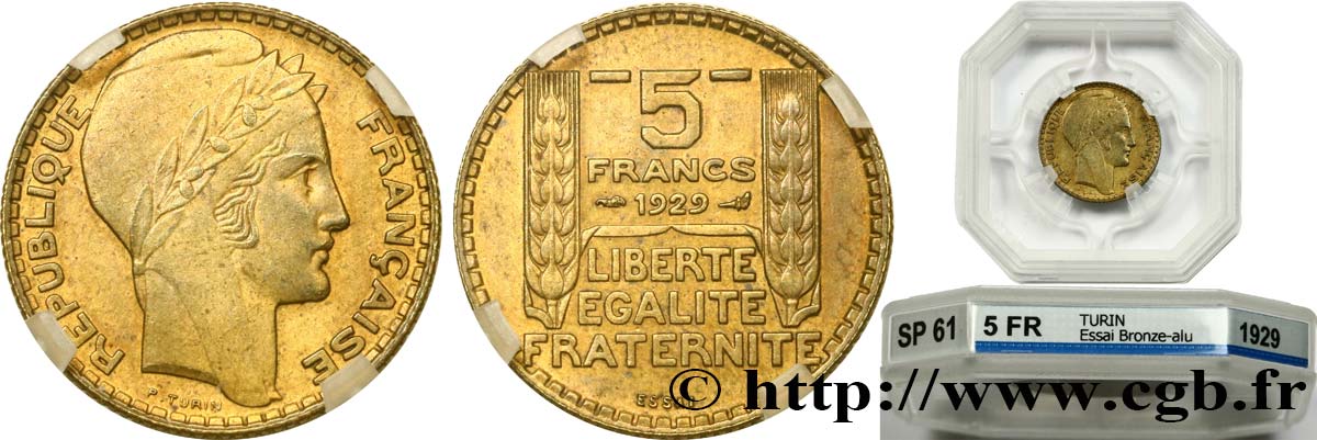 Concours de 5 francs, essai de Turin en bronze-aluminium 1929 Paris GEM.140 4 SUP61 GENI
