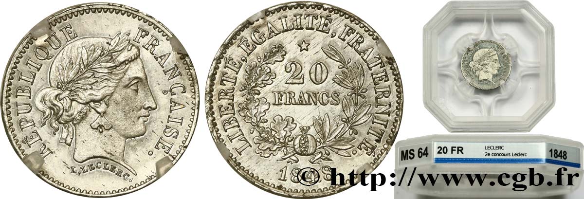 Concours de 20 francs, essai de Leclerc, deuxième concours 1848 Paris VG.3027 var SPL64 GENI