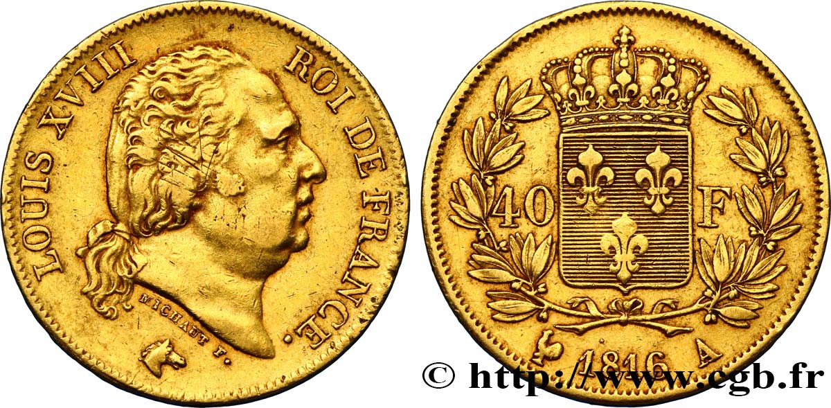 40 francs or Louis XVIII 1816 Paris F.542/1 BB40 