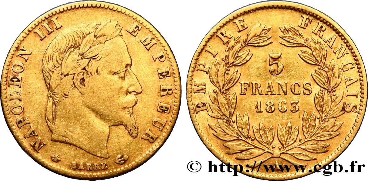 5 francs or Napoléon III, tête laurée 1863 Paris F.502/3 BC 