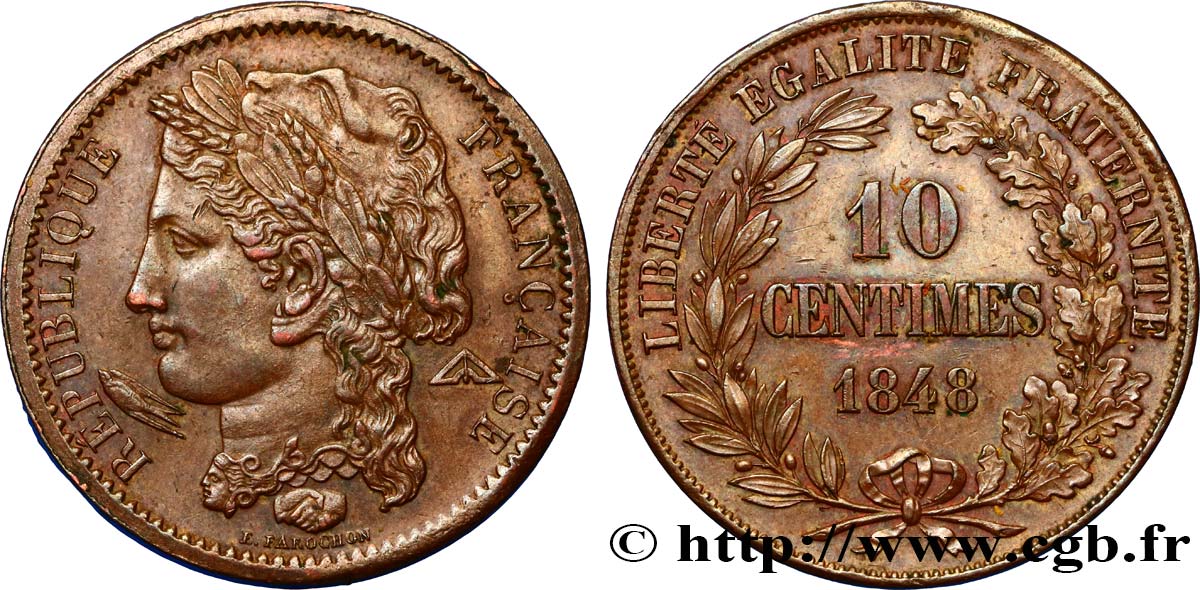 Concours de 10 centimes, essai en cuivre par Farochon, premier revers 1848 Paris VG.3139 var. AU54 