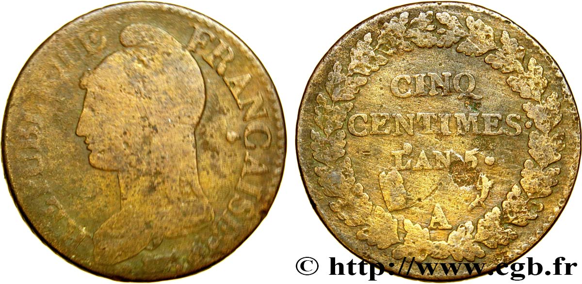 Cinq centimes Dupré, grand module, dorée 1796 Paris F.115/1 TB20 