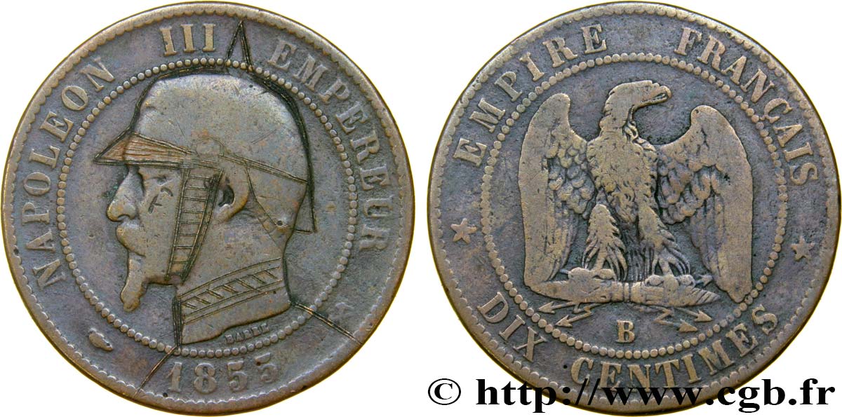 Dix centimes Napoléon III, tête nue, satirique 1855 Rouen F.133/21 var. TB35 