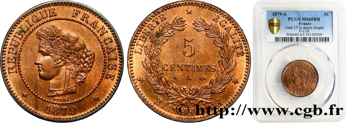 5 centimes Cérès, ancre non barrée 1879 Paris F.118/19 MS65 PCGS