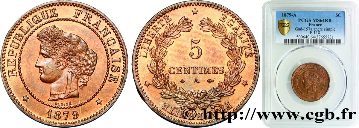 5 centimes Cérès, ancre non barrée 1879 Paris F.118/19 SPL64 PCGS