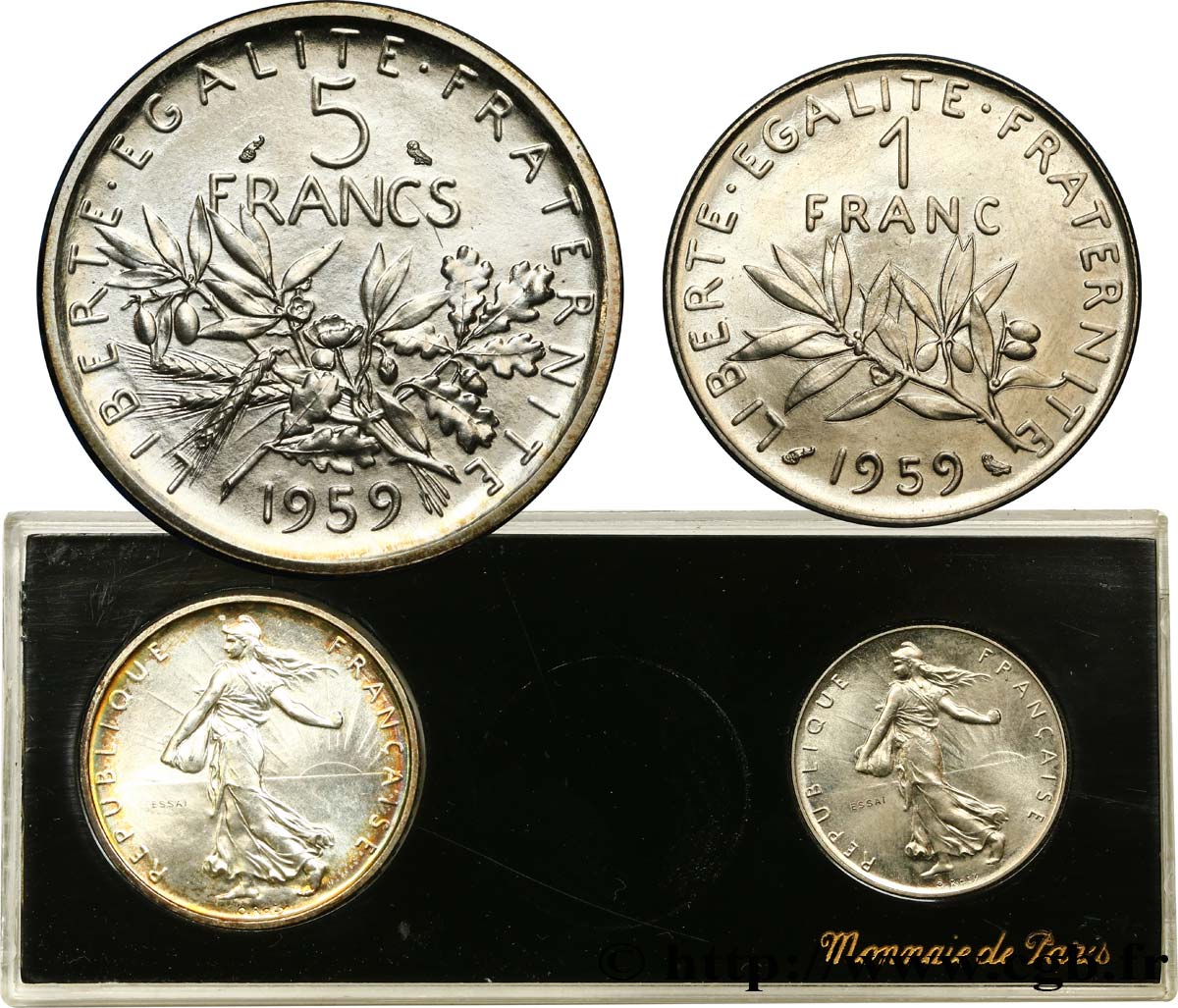 Boîte d essais de 5 francs et de 1 franc Semeuse 1959 Paris F.226/3 MS64 