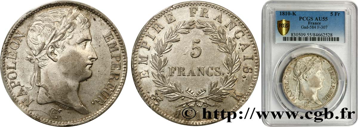 5 francs Napoléon Empereur, Empire français 1810 Bordeaux F.307/19 VZ55 PCGS