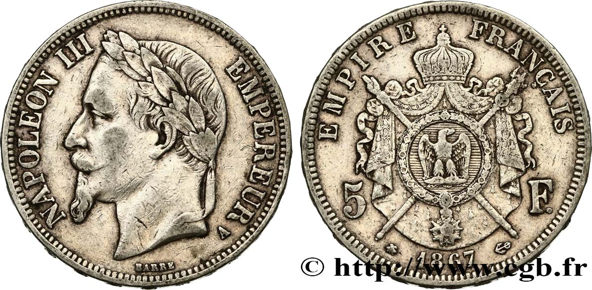 5 francs Napoléon III, tête laurée 1867 Paris F.331/10 TB35 