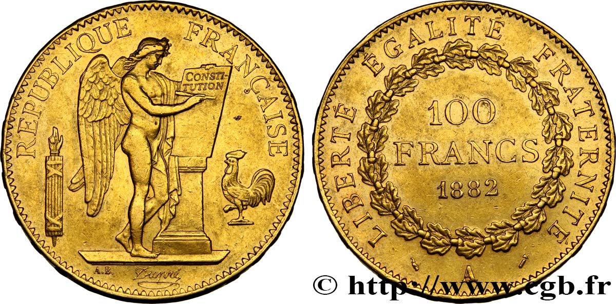 100 francs or Génie, tranche inscrite en relief Dieu protège la France 1882 Paris F.552/5 BB52 