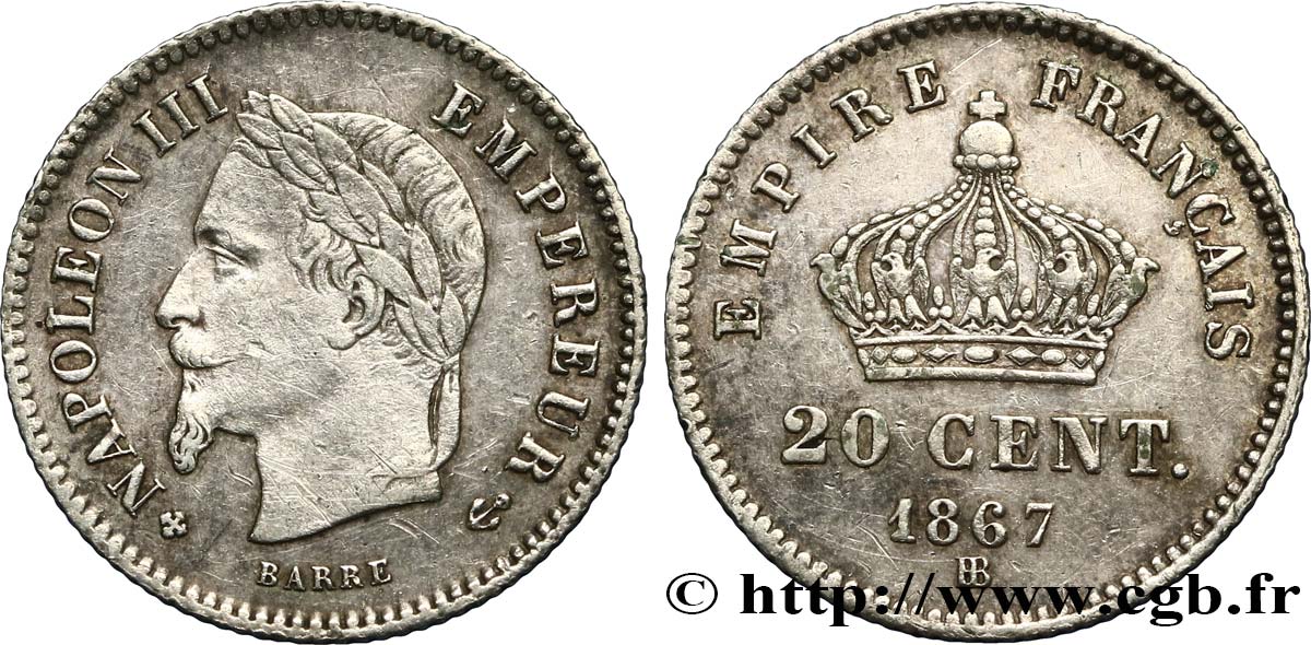 20 centimes Napoléon III, tête laurée, grand module 1867 Strasbourg F.150/2 MBC 