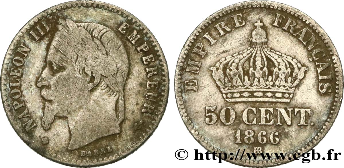 50 centimes Napoléon III, tête laurée 1866 Strasbourg F.188/10 TB 