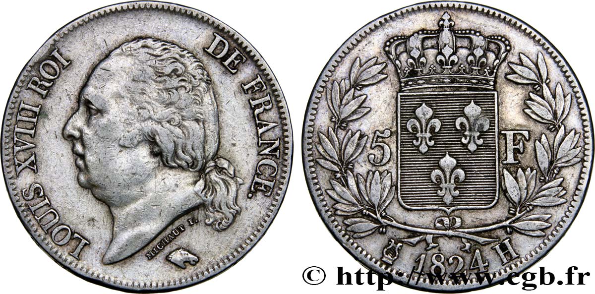 5 francs Louis XVIII, tête nue 1824 La Rochelle F.309/91 SS40 