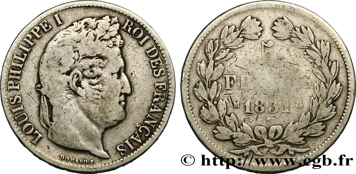 5 francs Ier type Domard, tranche en relief 1831 Toulouse F.320/9 VF20 