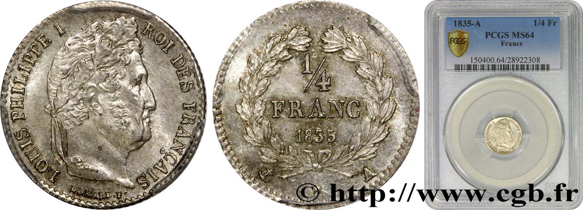 1/4 franc Louis-Philippe 1835 Paris F.166/49 fST64 PCGS