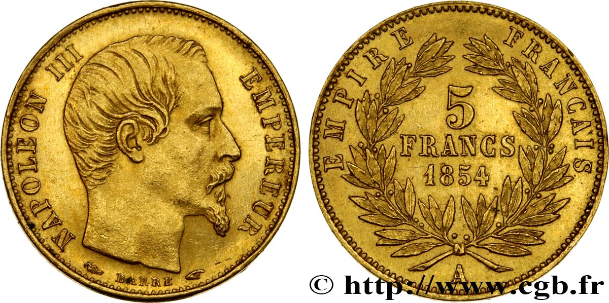 5 francs or Napoléon III, tête nue, petit module, tranche lisse 1854 Paris F.500/1 MS60 