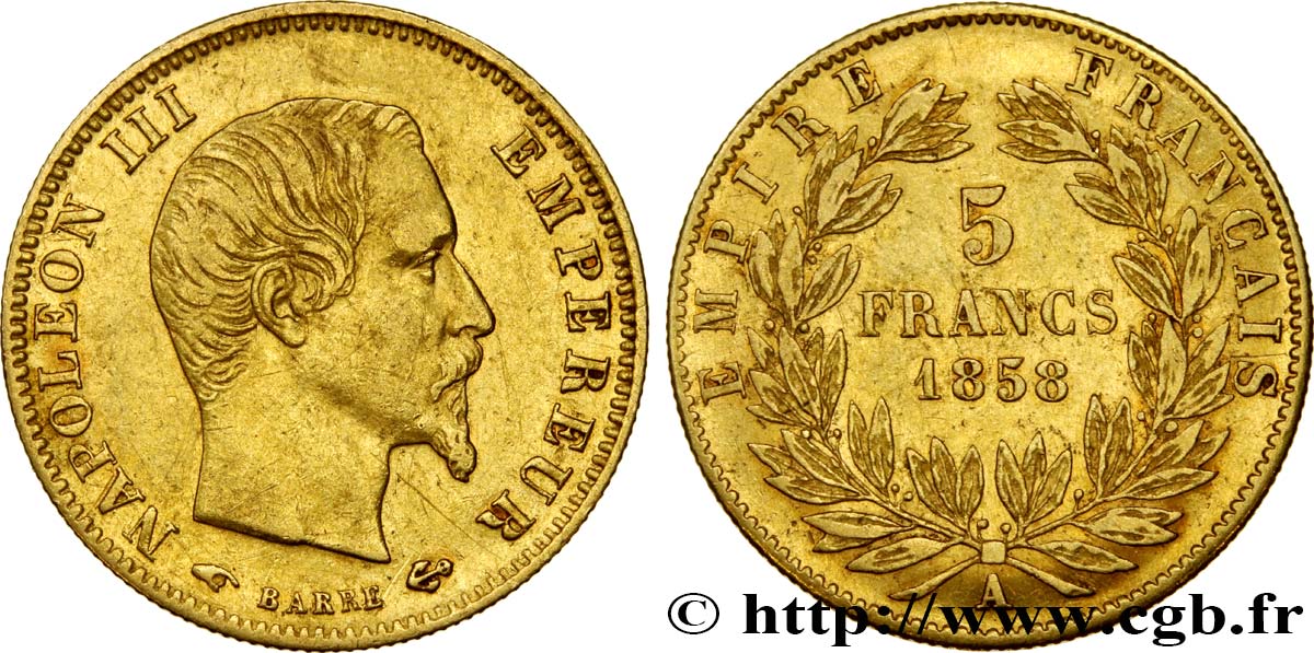 5 francs or Napoléon III, tête nue, grand module 1858 Paris F.501/5 XF45 