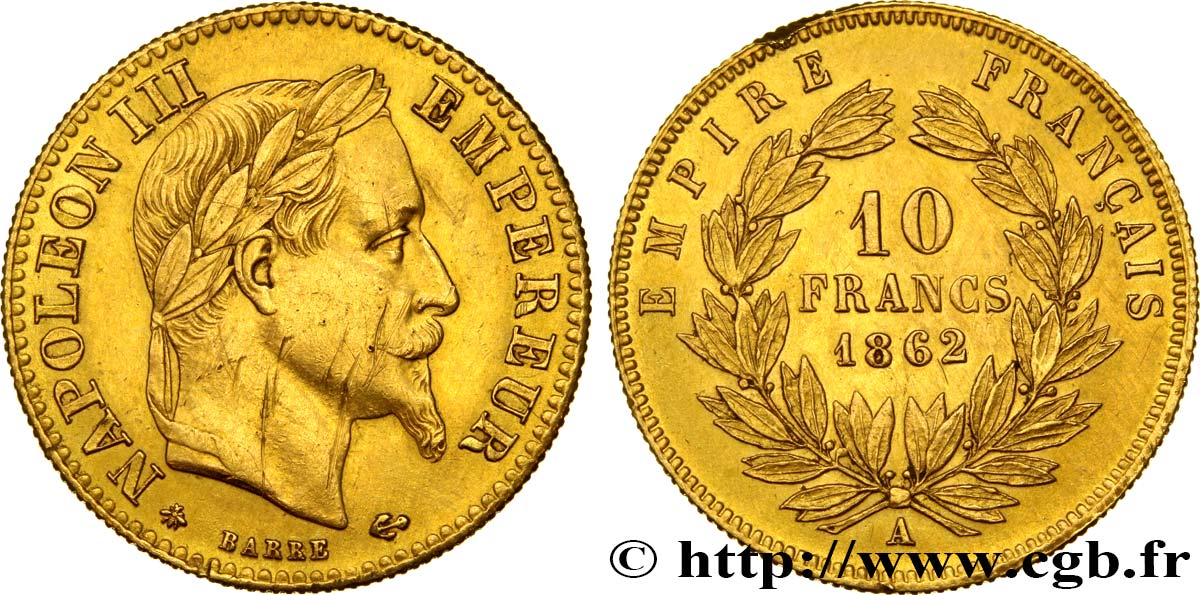 10 francs or Napoléon III, tête laurée, hybride à petit 10 1862 Paris F.507/1 MBC 