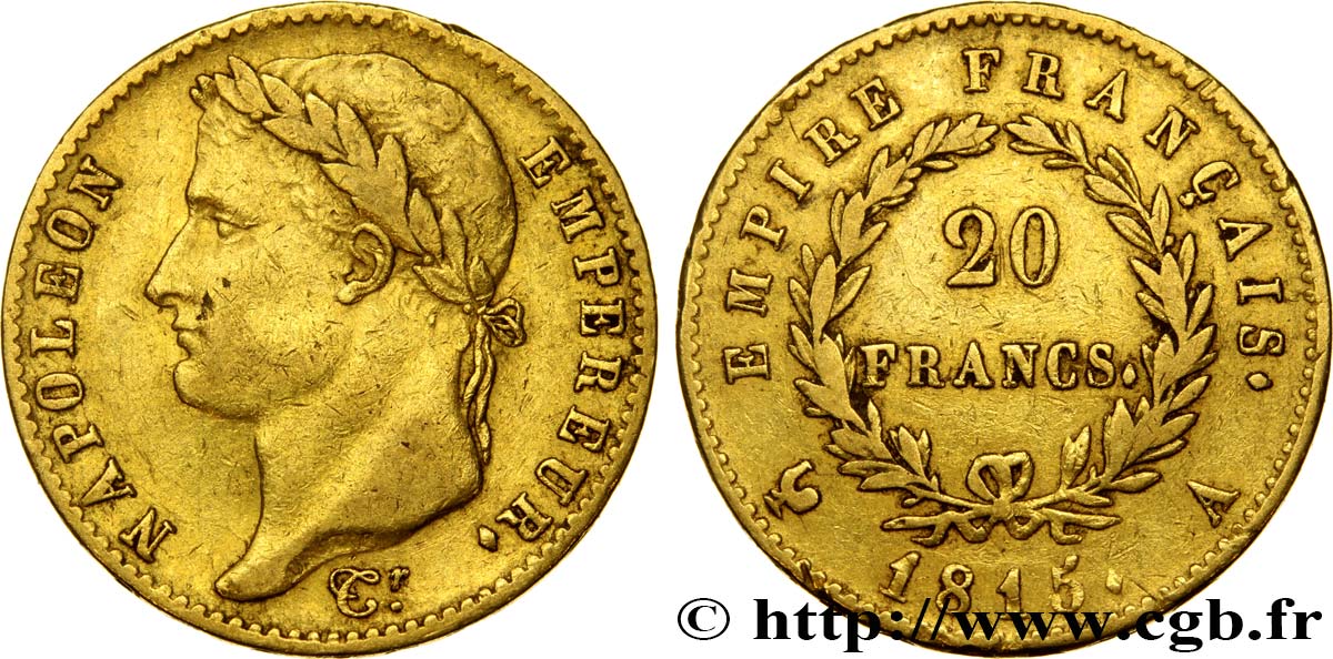 20 francs or Napoléon tête laurée, Cent-Jours 1815 Paris F.516A/1 MB38 