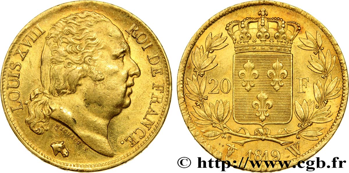 20 francs or Louis XVIII, tête nue 1819 Lille F.519/18 MBC52 