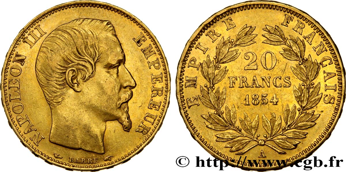 20 francs or Napoléon III, tête nue 1854 Paris F.531/2 XF48 