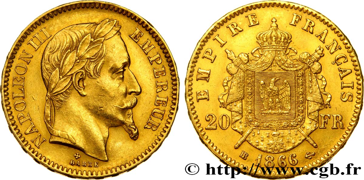 20 francs or Napoléon III, tête laurée 1866 Strasbourg F.532/14 MBC50 