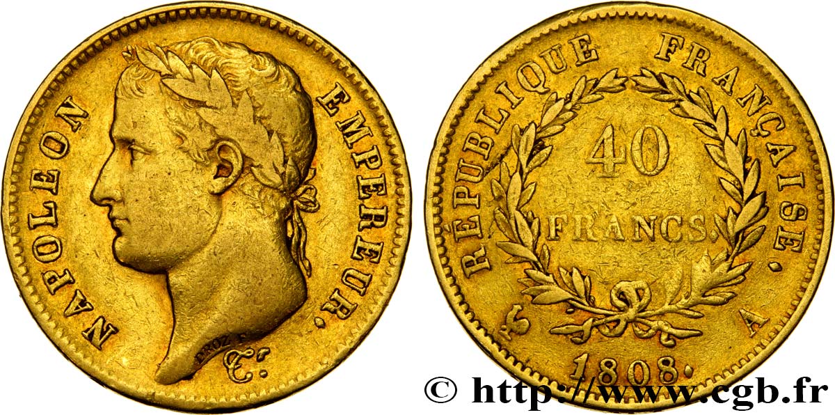 40 francs or Napoléon Ier tête laurée, République française 1808 Paris F.540/2 VF38 