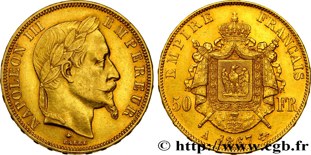 50 francs or Napoléon III, tête laurée 1867 Paris F.548/8 SS52 