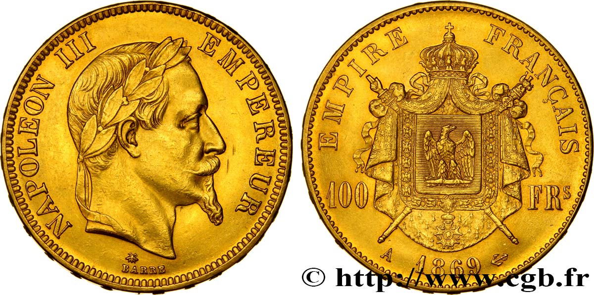 100 francs or Napoléon III, tête laurée 1869 Paris F.551/12 AU55 