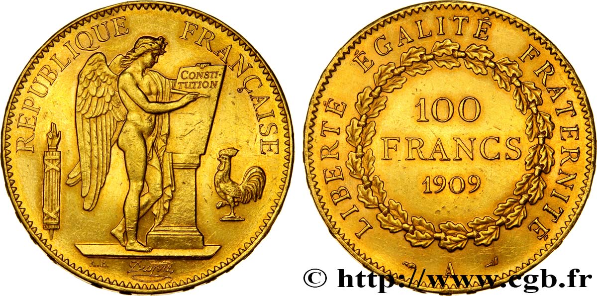 100 francs or Génie, tranche inscrite en relief Liberté Égalité Fraternité 1909 Paris F.553/3 EBC 
