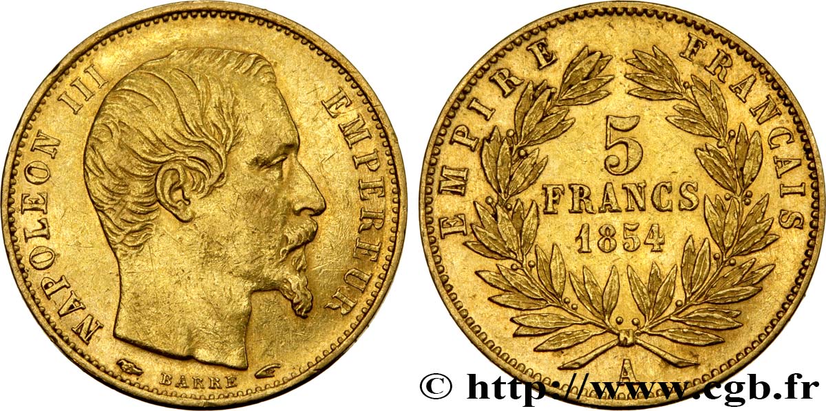 5 francs or Napoléon III, tête nue, petit module, tranche lisse 1854 Paris F.500/1 BB52 