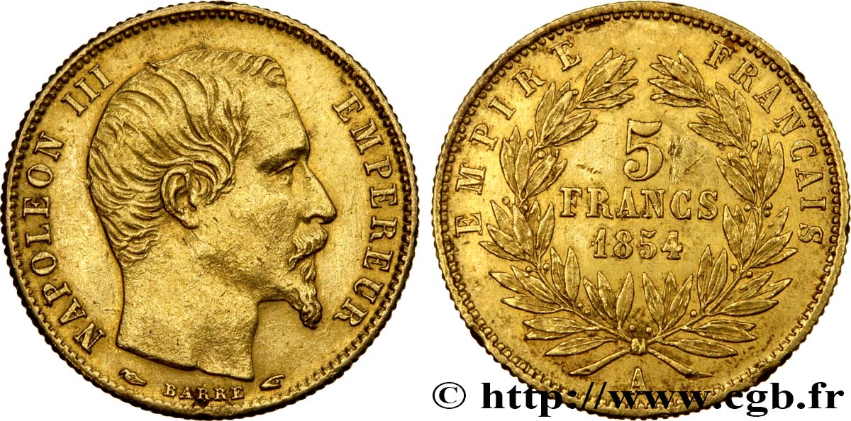 5 francs or Napoléon III, tête nue, petit module, tranche cannelée 1854 Paris F.500A/1 MBC50 