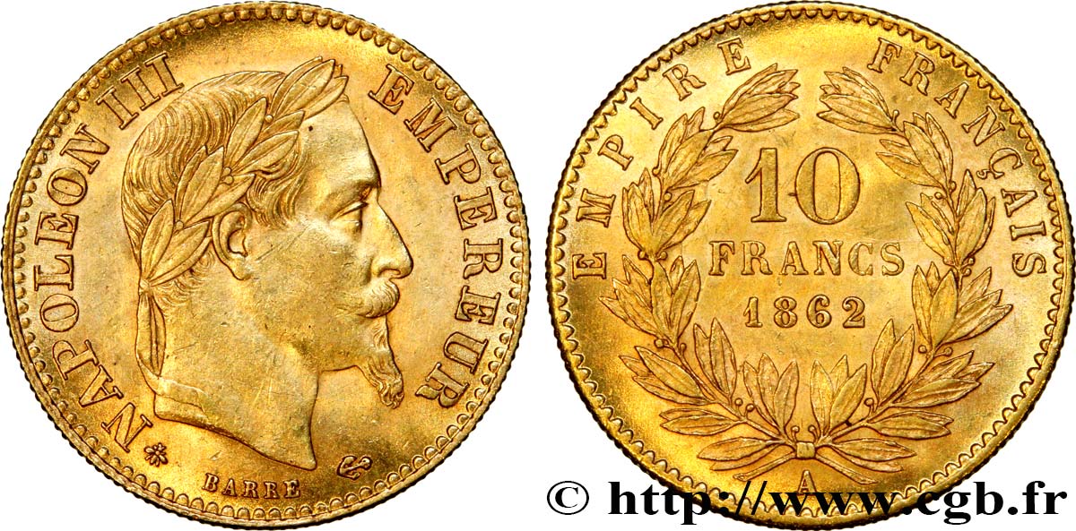 10 francs or Napoléon III, tête laurée, type définitif à grand 10 1862 Paris F.507A/1 EBC55 
