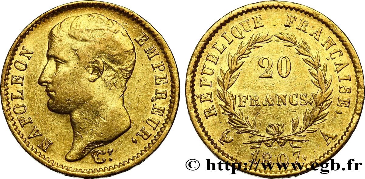 20 francs or Napoléon tête nue, type transitoire 1807 Paris F.514/1 TTB50 