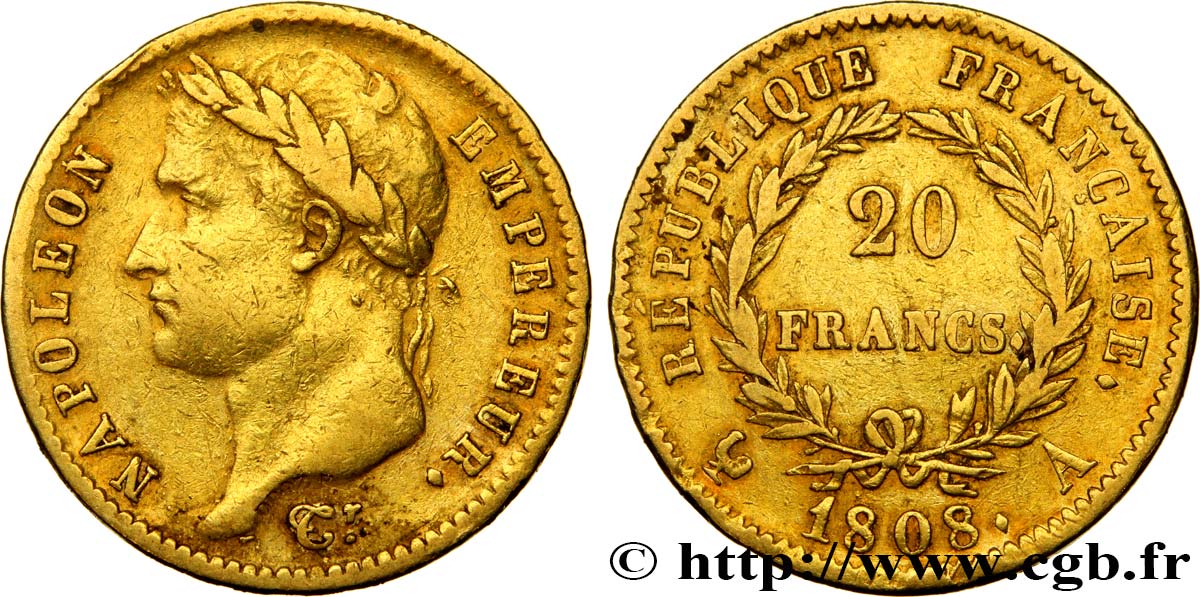 20 francs or Napoléon tête laurée, République française 1808 Paris F.515/2 MBC40 