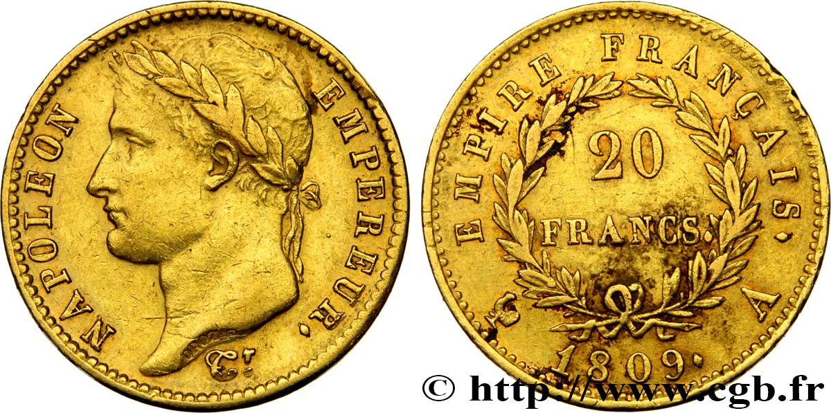 20 francs or Napoléon tête laurée, Empire français 1809 Paris F.516/1 BB45 