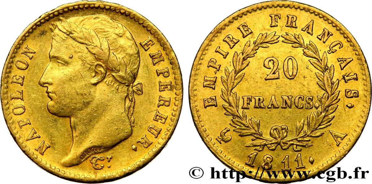 20 francs or Napoléon tête laurée, Empire français 1811 Paris F.516/16 SPL55 