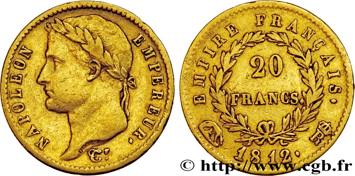 20 francs or Napoléon tête laurée, Empire français 1812 Rome F.516/27 XF42 
