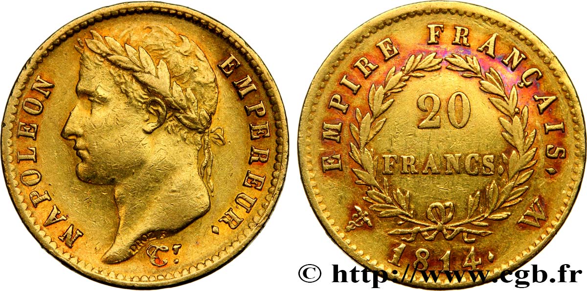 20 francs or Napoléon tête laurée, Empire français 1814 Lille F.516/42 SS48 