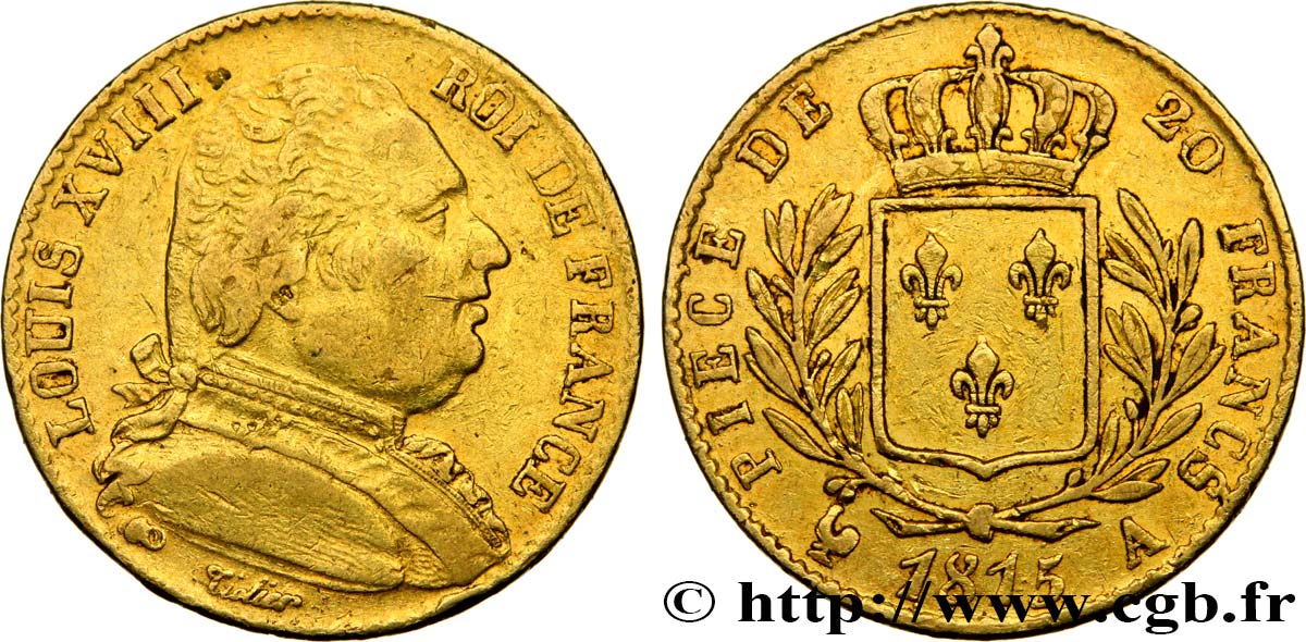 20 francs or Louis XVIII, buste habillé 1815 Paris F.517/10 TB38 
