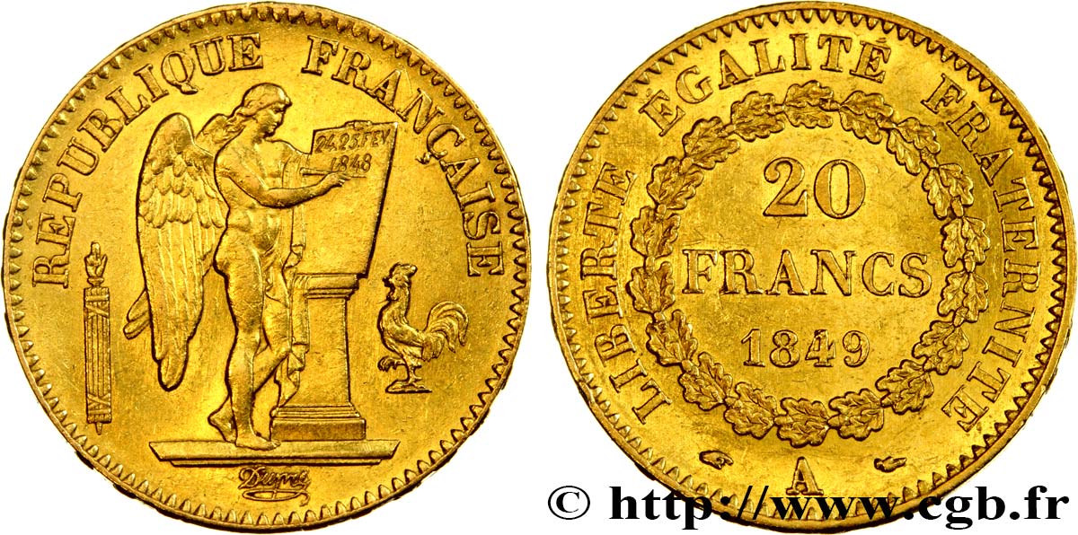 20 francs or Génie, IIe République 1849 Paris F.528/2 SPL58 