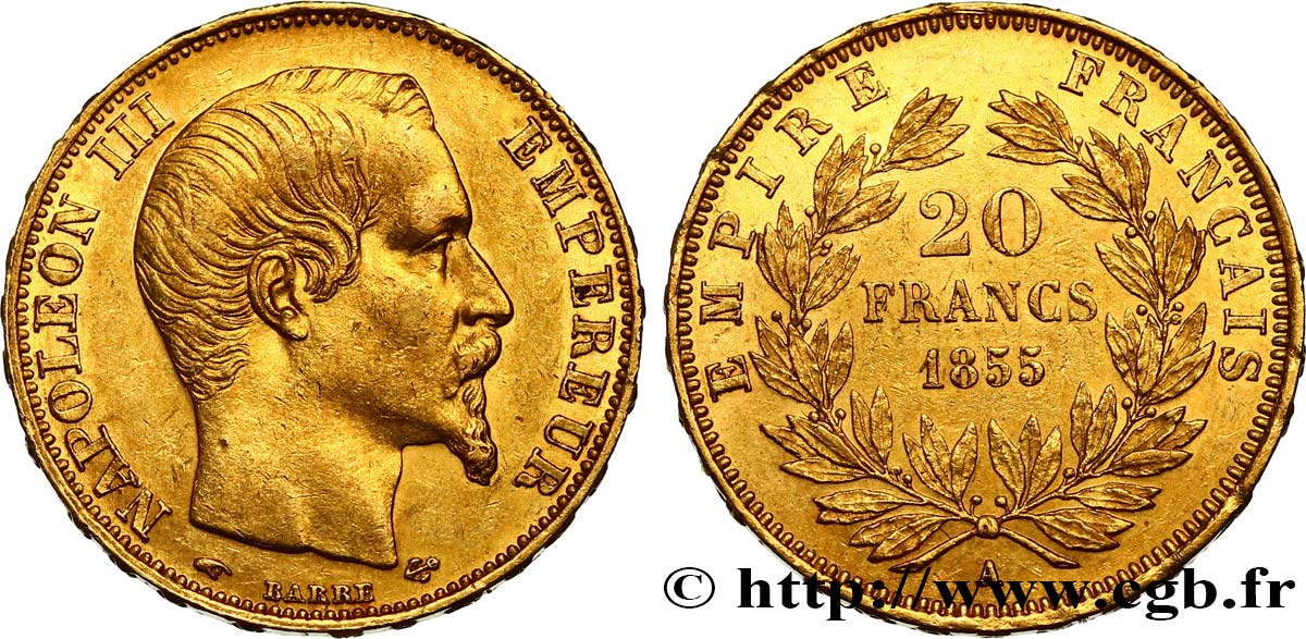 20 francs or Napoléon III, tête nue 1855 Paris F.531/4 AU50 