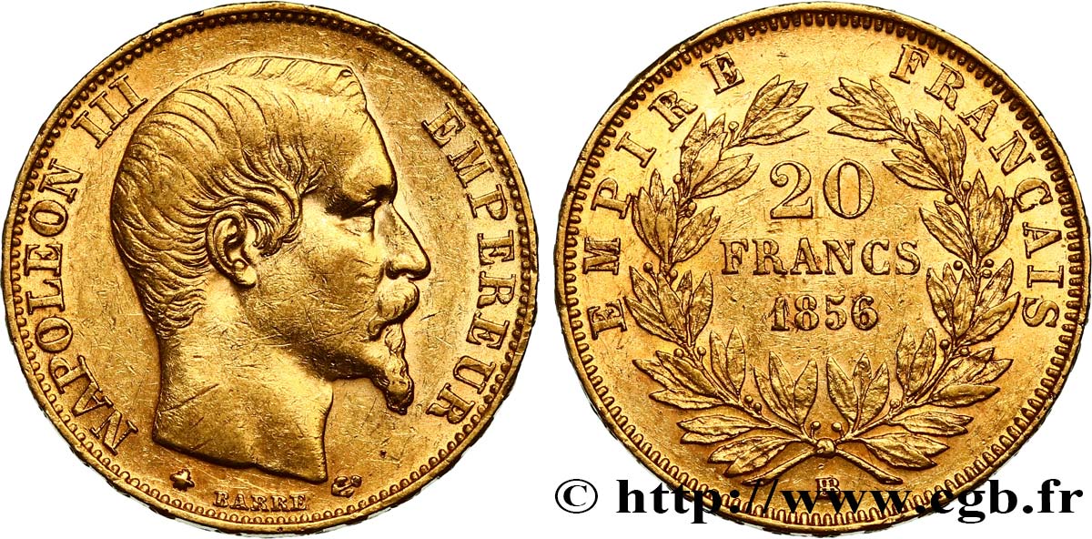 20 francs or Napoléon III, tête nue 1856 Strasbourg F.531/11 XF48 