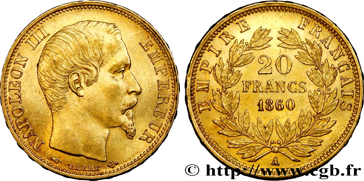 20 francs or Napoléon III, tête nue 1860 Paris F.531/17 VZ58 