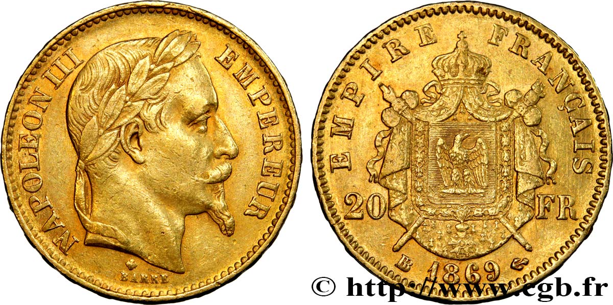 20 francs or Napoléon III, tête laurée, grand BB 1869 Strasbourg F.532/22 XF40 