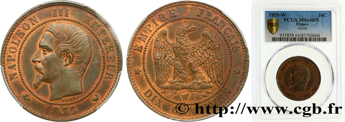 Dix centimes Napoléon III, tête nue 1855 Lille F.133/33 MS64 PCGS