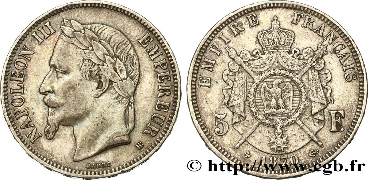 5 francs Napoléon III, tête laurée 1870 Strasbourg F.331/17 TTB40 
