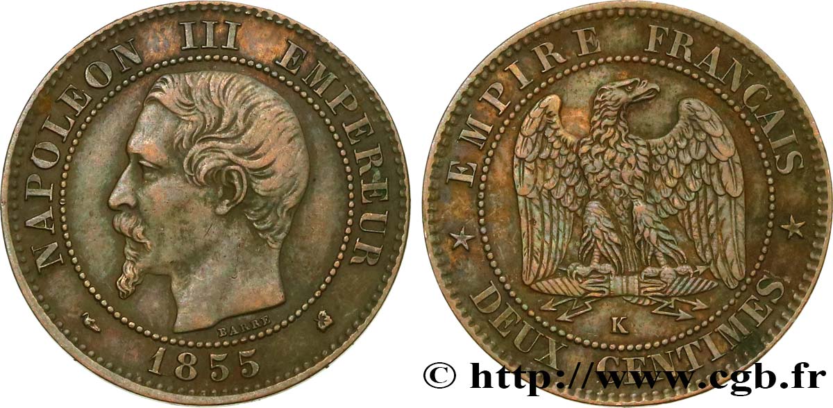 Deux centimes Napoléon III, tête nue 1855 Bordeaux F.107/33 TTB42 